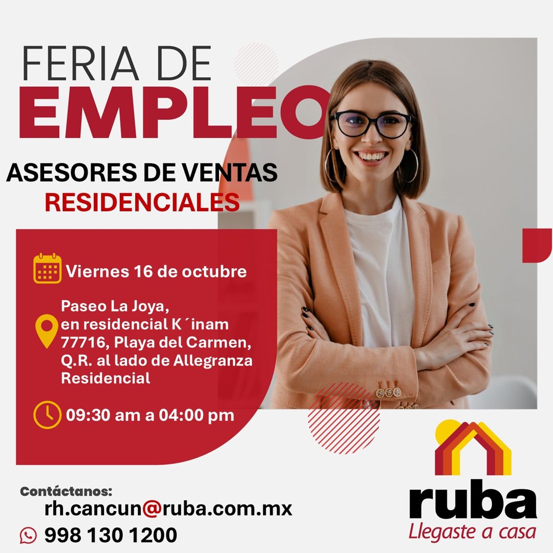Banner del anuncio de la vacante: FERIA DE · EMPLEO · ASESORES DE VENTAS · RESIDENCIALES · Viernes 16 de octubre · Paseo La Joya, · en residencial K'inam · 77716, Playa del C