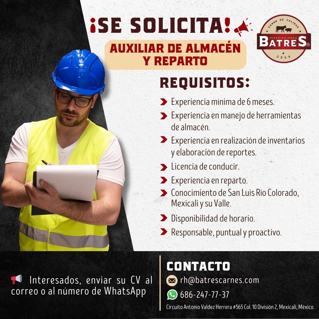 Banner del anuncio de la vacante: Interesados, enviar su CV al · correo o al número de WhatsApp · ¡SE SOLICITA! • · AUXILIAR DE ALMACÉN · Y REPARTO · CARNE · cAlIDAD · * · BA