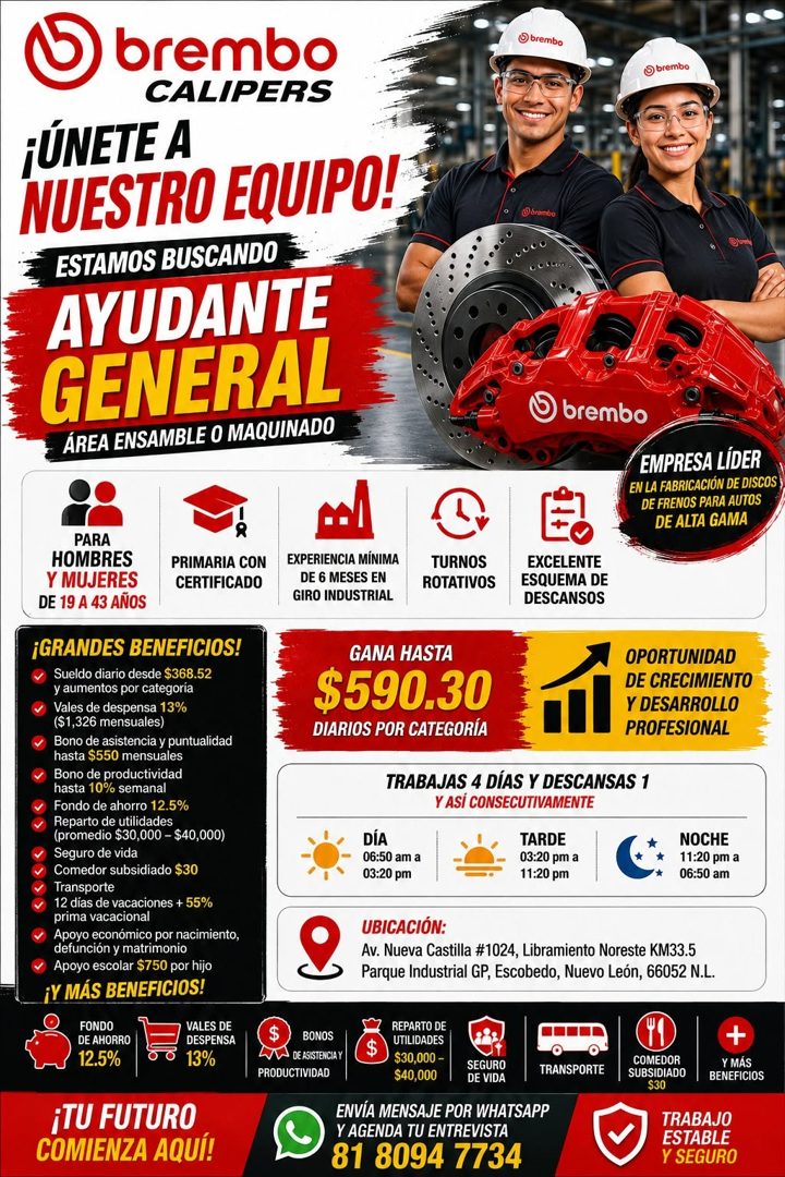 Banner del anuncio de la vacante: O brembo · CALIPERS · ¡ÚNETE A · NUESTRO EQUIPO! · ESTAMOS BUSCANDO · AYUDANTE · GENERAL · ÁREA ENSAMBLE O MAQUINADO · © brembo · 5 brembo ·