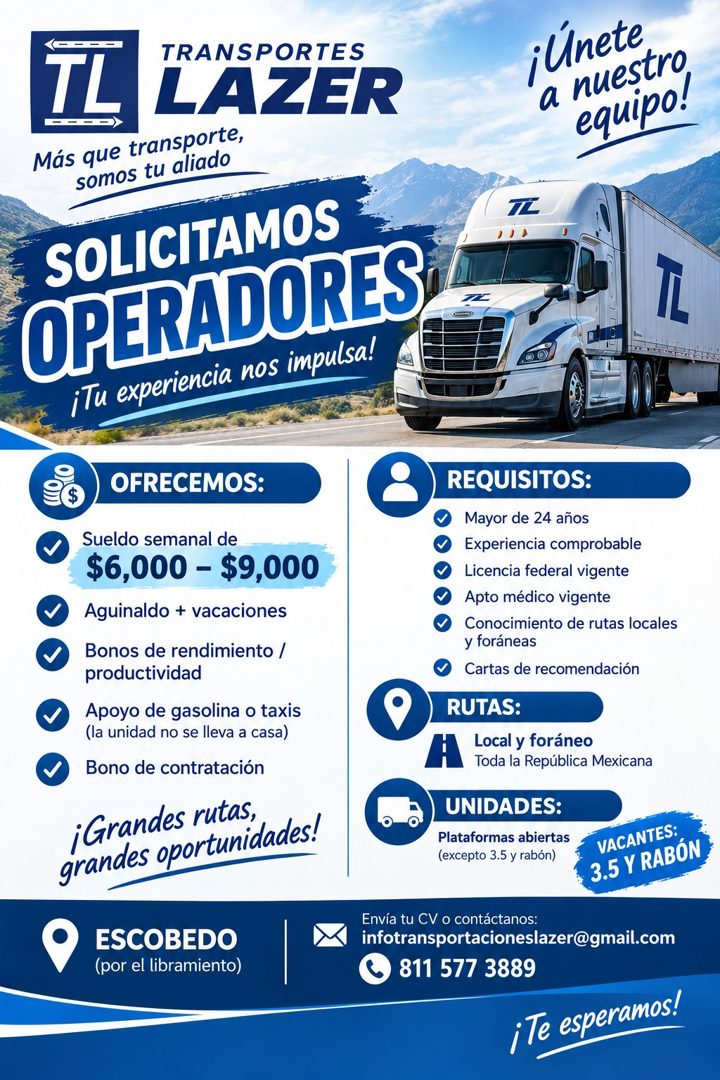 Banner del anuncio de la vacante: TL · TRANSPORTES · LAZER · Más que transporte, · somos tu aliado · SOLICITAMOS · OPERADORES · ¡Tu experiencia nos impulsa! · ¡Únete · a nues