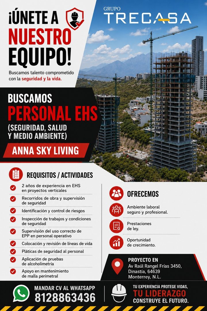 Banner del anuncio de la vacante: ¡UNETE A · NUESTRO · EQUIPO! · Buscamos talento comprometido · con la seguridad y la vida. · GRUPO · TRECASA · BUSCAMOS · PERSONAL EHS · (SE