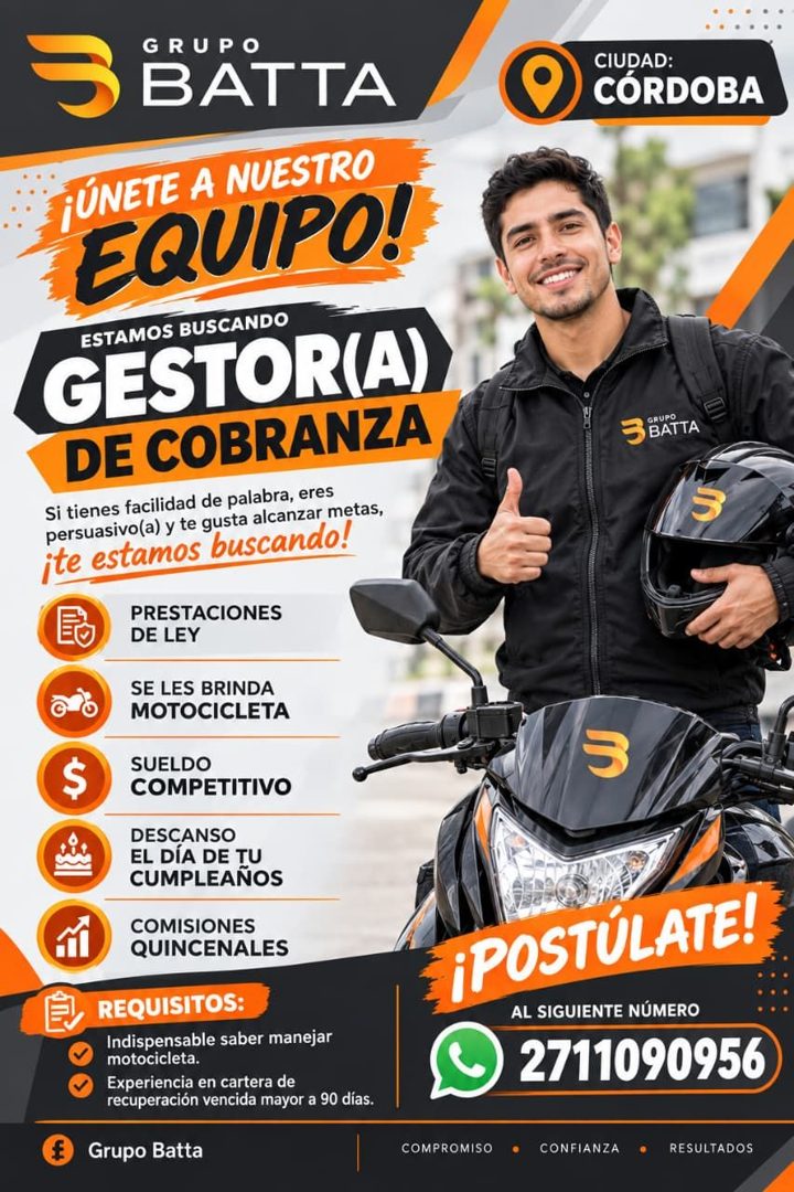 Banner del anuncio de la vacante: 3 · GRUPO · BATTA · JÚNETE A NUESTRO · EQUIPO! · ESTAMOS BUSCANDO · GESTOR(A) · DE COBRANZA · Si tienes facilidad de palabra, eres · persuas