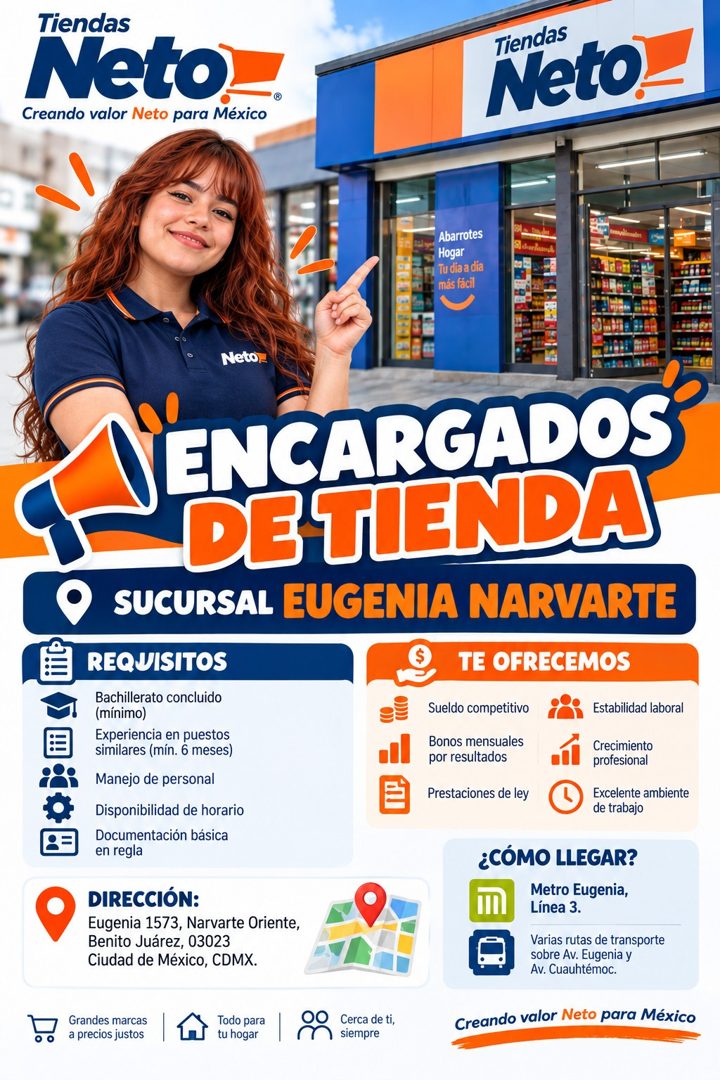 Banner del anuncio de la vacante: Tiendas · Neto · Creando valor Neto para México · Tiendas · Neto · Abarrotes · Hogar · Tu dia a dia · más fácil · Neto_ · ENCARGADOS · DE TI