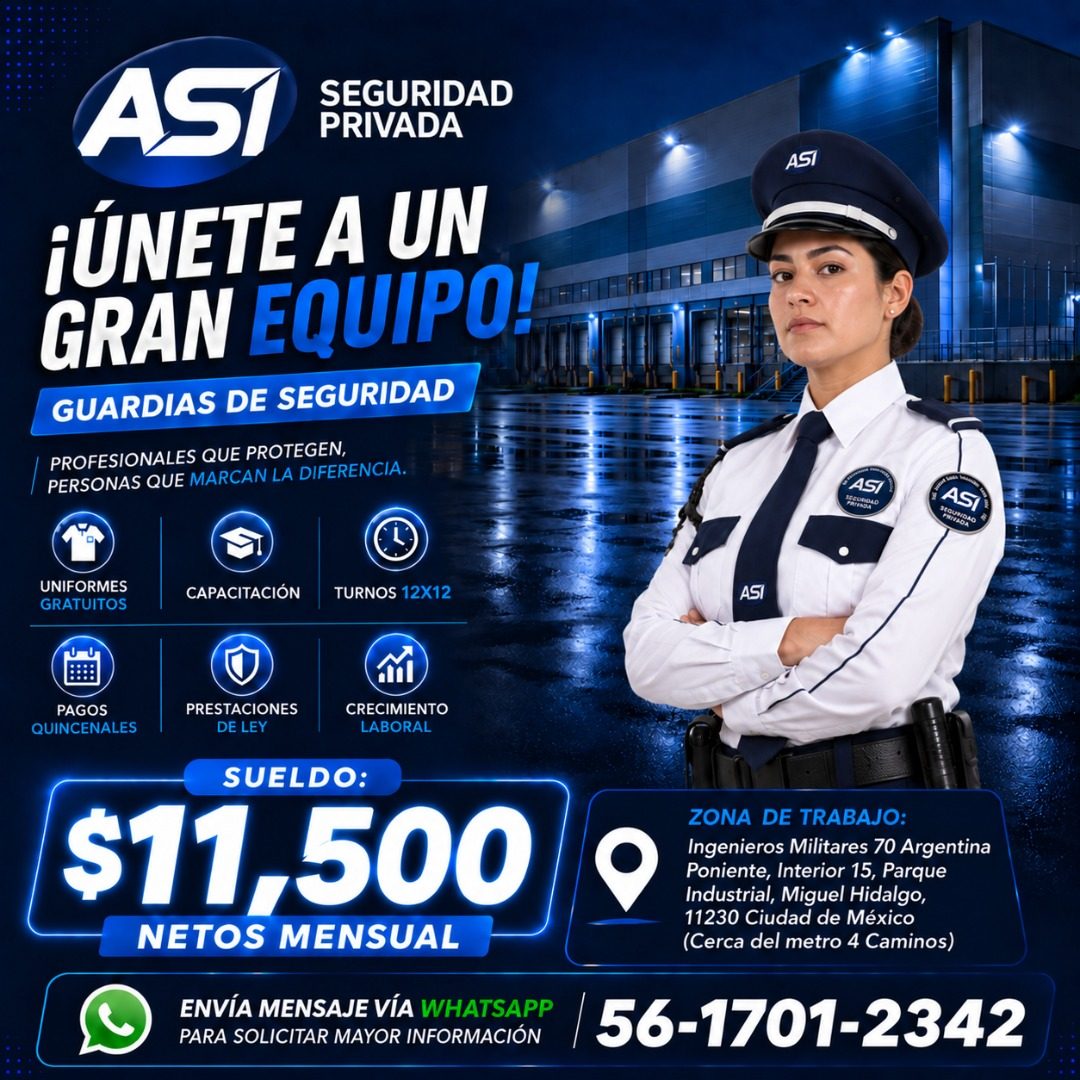 Banner del anuncio de la vacante: AST · SEGURIDAD · PRIVADA · ¡ÚNETE A UN · GRAN EQUIPO! · GUARDIAS DE SEGURIDAD · PROFESIONALES QUE PROTEGEN, · PERSONAS QUE MARCAN LA DIFERE