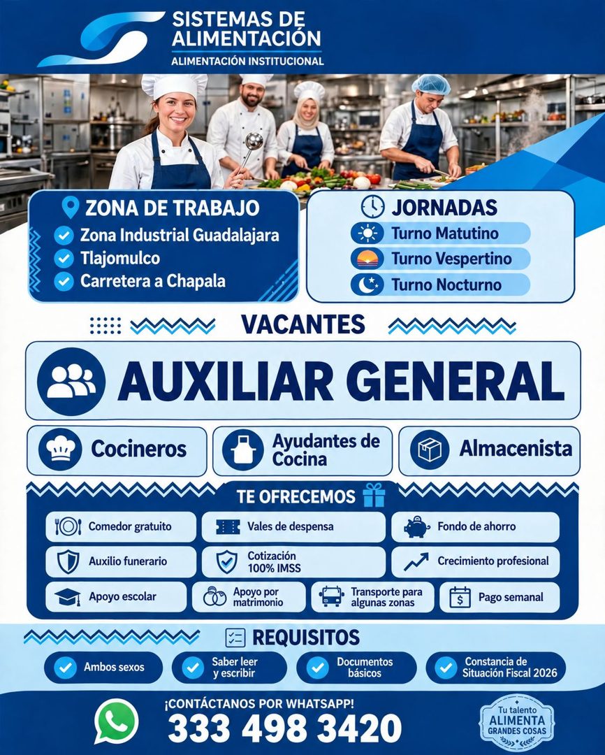 Banner del anuncio de la vacante: SISTEMAS DE · ALIMENTACIÓN · ALIMENTACIÓN INSTITUCIONAL · ZONA DE TRABAJO · Zona Industrial Guadalajara · Tlajomulco · Carretera a Chapala ·