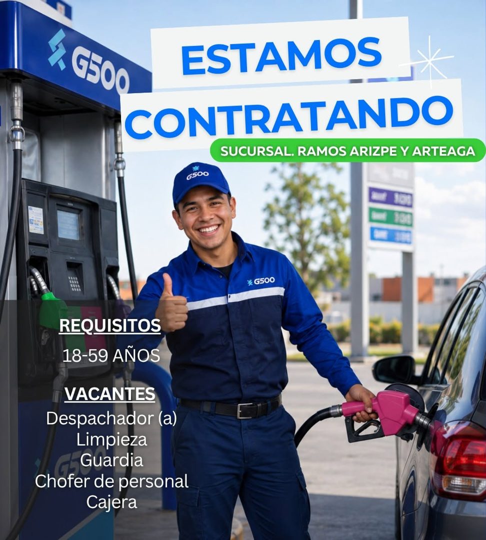 Banner del anuncio de la vacante: G500 · ESTAMOS · CONTRATANDO · SUCURSAL. RAMOS ARIZPE Y ARTEAGA · 6500 · * G500 · REQUISITOS · 18-59 AÑOS · VACANTES · Despachador (a) · Lim