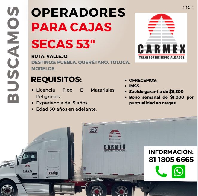 Banner del anuncio de la vacante: 1-16.11 · OPERADORES · PARA CAJAS · SECAS 53" · RUTA: VALLEJO. · DESTINOS: PUEBLA, QUERÉTARO, TOLUCA, · MORELOS. · REQUISITOS: · • Licencia 
