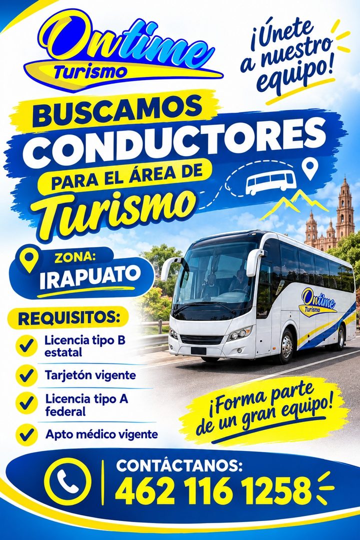 Banner del anuncio de la vacante: Ortimo · Turismo · ¡Unete · a nuestro · equipo! · BUSCAMOS · CONDUCTORES · PARA EL ÁREA DE · Turismo · ZONA: · IRAPUATO · Chứm · REQUISITOS:
