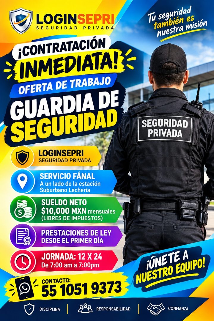 Banner del anuncio de la vacante: LOGINSEPRI · SEGURIDAD PRIVADA · ¡CONTRATACIÓN · INMEDIATA! · OFERTA DE TRABAJO · GUARDIA DE · SEGURIDAD · LOGINSEPRI · SEGURIDAD PRIVADA · 