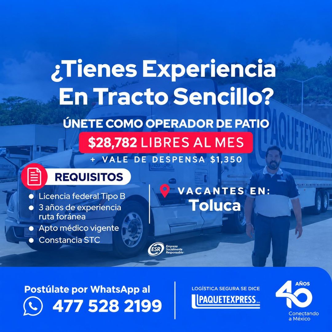 Banner del anuncio de la vacante: TEPRESS · ¿Tienes Experiencia · En Tracto Sencillo? · ÚNETE COMO OPERADOR DE PATIO · $28,782 LIBRES AL MES · LO QUETIR · + VALE DE DESPENSA 