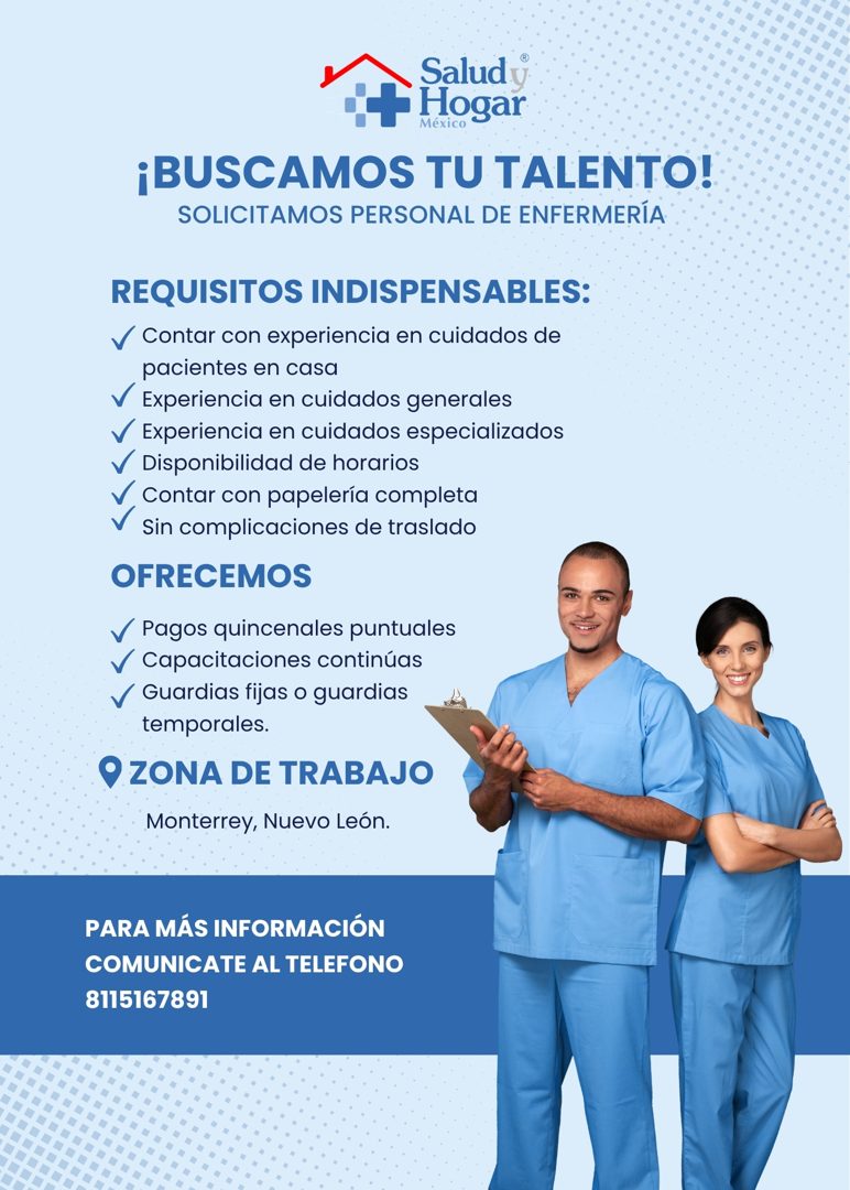 Banner del anuncio de la vacante: Salud v · *+ Hogar · México · ¡BUSCAMOS TU TALENTO! · SOLICITAMOS PERSONAL DE ENFERMERÍA · REQUISITOS INDISPENSABLES: · v Contar con experie