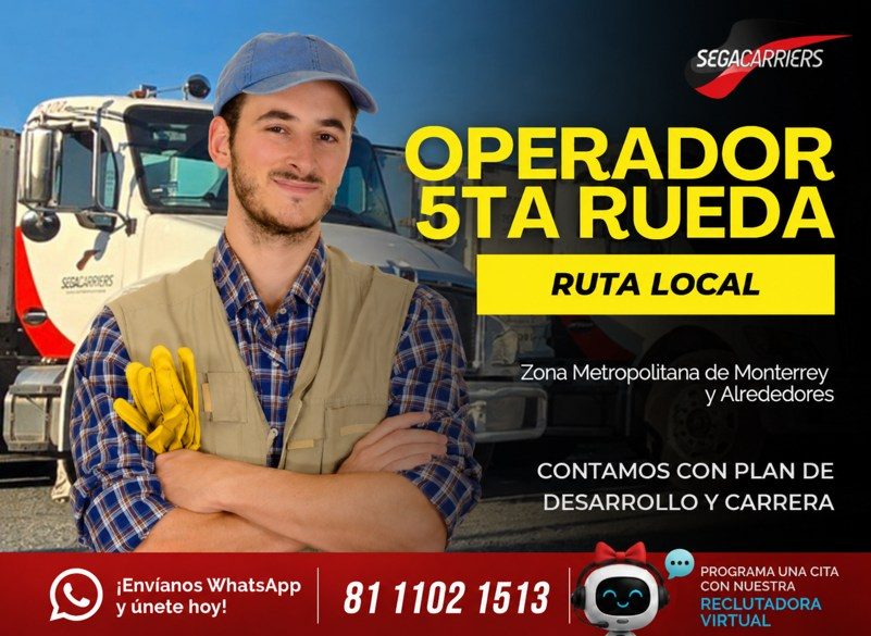 Banner del anuncio de la vacante: SEGACARRIERS · OPERADOR · 5TA RUEDA · RUTA LOCAL · Zona Metropolitana de Monterrey · y Alrededores · CONTAMOS CON PLAN DE · DESARROLLO Y CAR