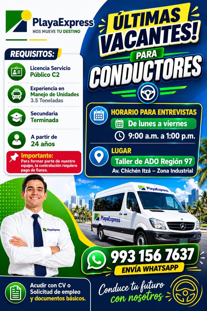 Banner del anuncio de la vacante: PlayaExpress · NOS MUEVE TU DESTINO · → ULTIMAS · VACANTES! · PARA · CONDUCTORES · REQUISITOS: · Licencia Servicio · Público C2 · Experienci