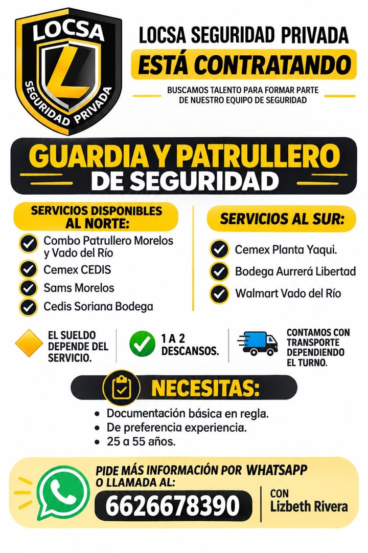 Banner del anuncio de la vacante: LOCSA · LOCSA SEGURIDAD PRIVADA · ESTÁ CONTRATANDO · BUSCAMOS TALENTO PARA FORMAR PARTE · DE NUESTRO EQUIPO DE SEGURIDAD · SEGURIDAD · PRIVA