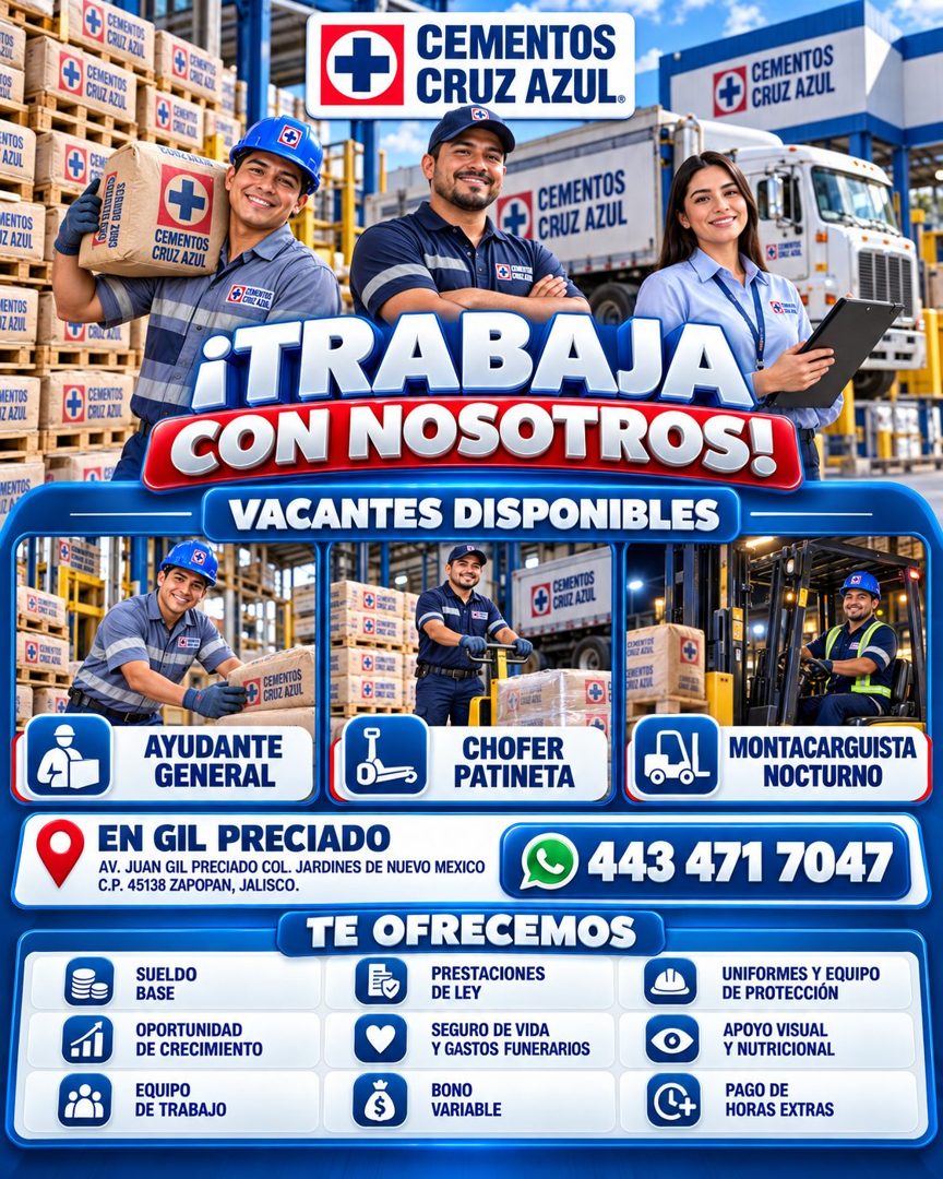 Banner del anuncio de la vacante: TOS · 2UL · IOS · ENTOS · AZUL · MENTOS · IZ AZUL · LENTOS · L AZUL · MENTOS · IZ AZUL · MENTOS · CEMENTOS. · CRUZ AZU · CEMENTOS · CRUZ AZU
