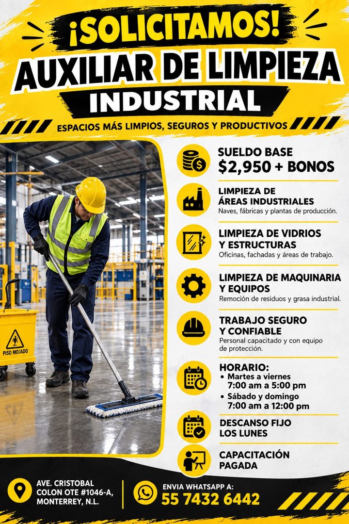 Banner del anuncio de la vacante: ¡SOLICITAMOS! · AUXILIAR DE LIMPIEZA · INDUSTRIAL · ESPACIOS MÁS LIMPIOS, SEGUROS Y PRODUCTIVOS · SUELDO BASE · $2,950 + BONOS · LIMPIEZA DE