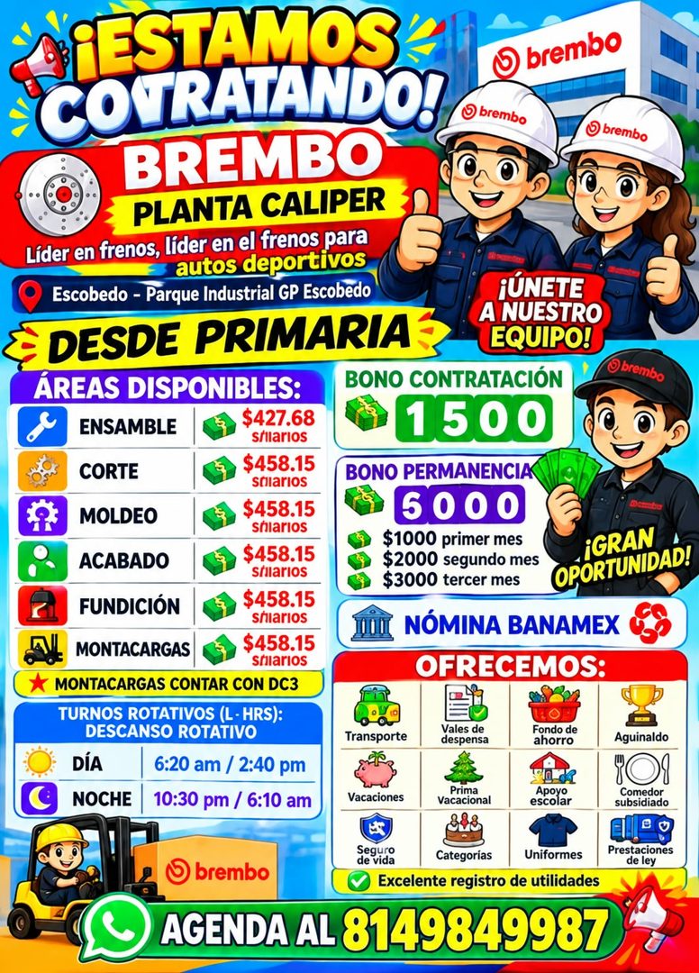 Banner del anuncio de la vacante: ¡ESTAMOS · O brembo · COURATANDO! · O brembo · BREMBO · brembo · PLANTA CALIPER · Líder en frenos, líder en el frenos para · autos deportivo