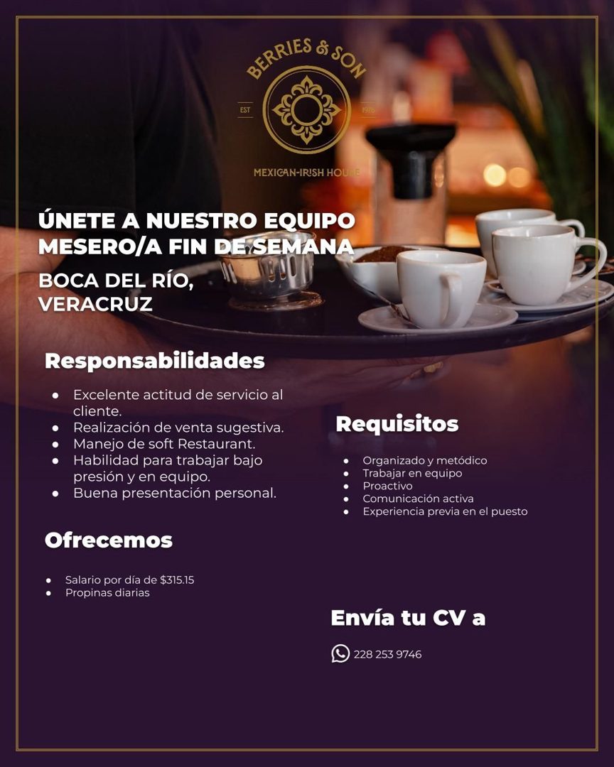 Banner del anuncio de la vacante: SERRIES & SON · EST · 19K · MEXIGAN-IRISH HOU E · ÚNETE A NUESTRO EQUIPO · MESERO/A FIN DE SEMANA · BOCA DEL RÍO, · CANU · VERACRUZ · Respon