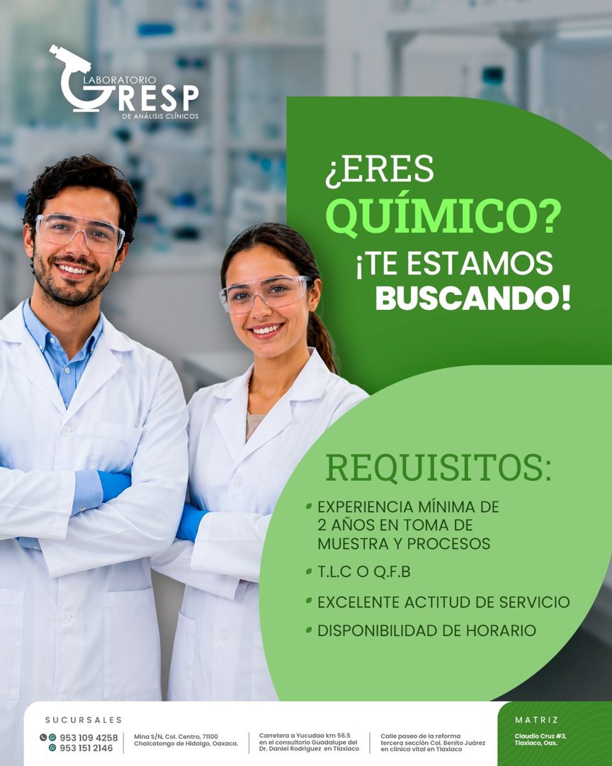 Banner del anuncio de la vacante: CRESP · DE ANÁLISIS CLÍNICOS · ¿ERES · QUÍMICO? · ¡TE ESTAMOS · BUSCANDO! · REQUISITOS: · • EXPERIENCIA MÍNIMA DE · 2 AÑOS EN TOMA DE · MUES