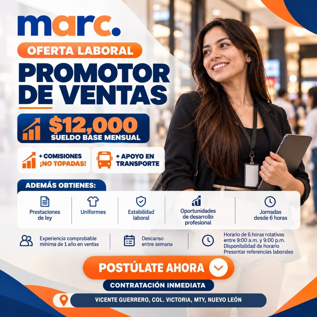 Banner del anuncio de la vacante: marc. · OFERTA LABORAL · PROMOTOR · DE VENTAS · $12,000 · SUELDO BASE MENSUAL · + COMISIONES · ¡NO TOPADAS! · + APOYO EN · TRANSPORTE · ADEM