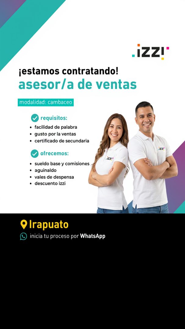 Banner del anuncio de la vacante: "IZZI" · ¡estamos contratando! · asesor/a de ventas · modalidad: cambaceo · requisitos: · • facilidad de palabra · • gusto por la ventas · •