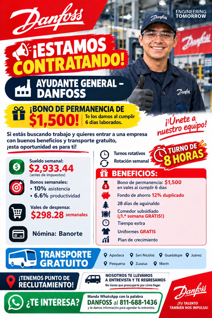 Banner del anuncio de la vacante: Dantess · A ¡ESTAMOS · CONTRATANDO! · AYUDANTE GENERAL - · DANFOSS · Deufens · ENGINEERING · TOMORROW · Deloss · ¡BONO DE PERMANENCIA DE · $