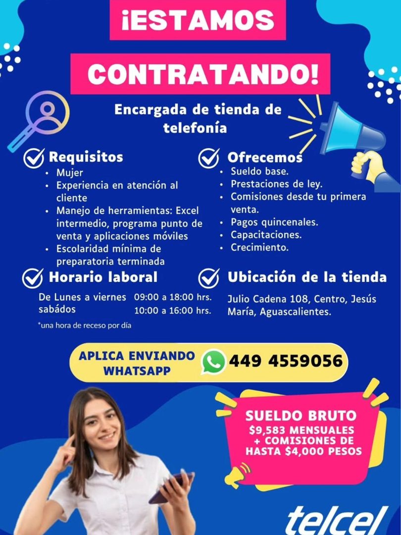 Banner del anuncio de la vacante: ¡ESTAMOS · CONTRATANDO! · Encargada de tienda de · telefonía · Requisitos · Mujer · • Experiencia en atención al · cliente · • Manejo de her