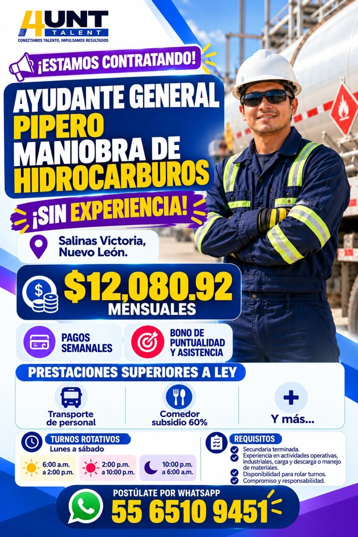 Banner del anuncio de la vacante: HUNT · TALENT · CONECTAMOS TALENTO, IMPULSAMOS RESULTADOS · ¡ESTAMOS CONTRATANDO! · AYUDANTE GENERAL · PIPERO · MANIOBRA DE · HIDROCARBUROS 