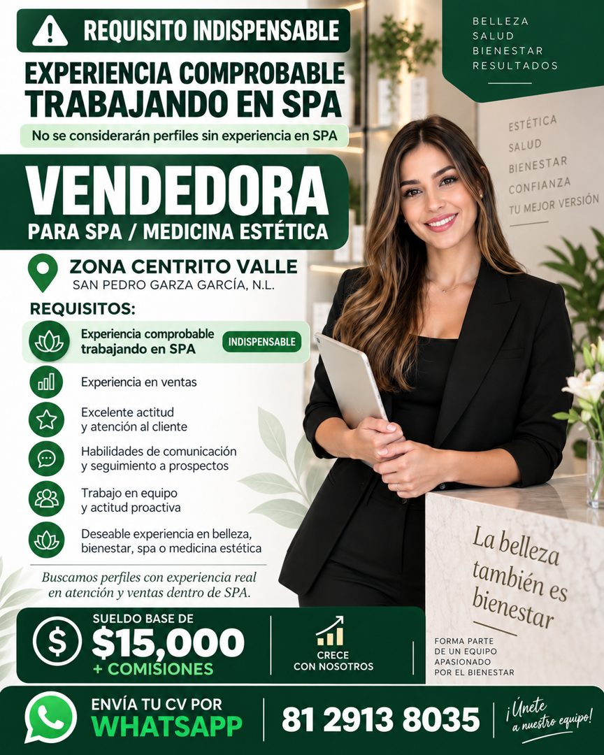 Banner del anuncio de la vacante: REQUISITO INDISPENSABLE · EXPERIENCIA COMPROBABLE · TRABAJANDO EN SPA · No se considerarán perfiles sin experiencia en SPA · VENDEDORA · PAR