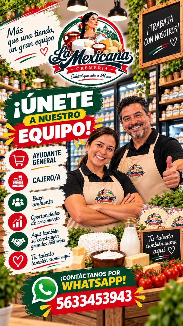 Banner del anuncio de la vacante: Más · que una tienda, · un gran equipo · 00 n · EMexicana · - CREMERÍA - · Calidad que sabe a México · ¡ÚNETE · A NUESTRO · EQUIPO! · AYUDAN