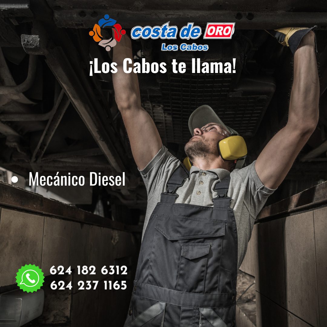 Banner del anuncio de la vacante: • · costa de lora · Los Cabos · ¡Los Cabos te llama! · Mecánico Diesel · 624 182 6312 · 624 237 1165