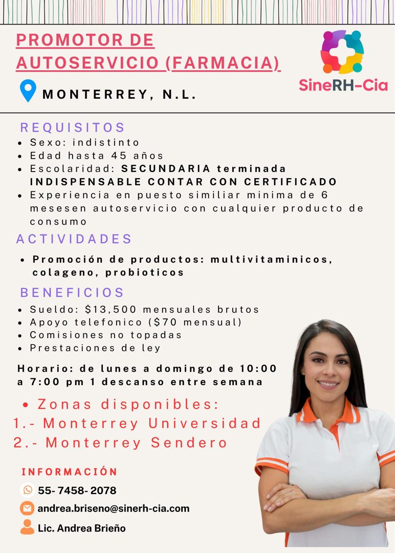 Banner del anuncio de la vacante: PROMOTOR DE · AUTOSERVICIO (FARMACIA). · SineRH-Cia · MONTERREY, N.L. · REQUISITOS · • Sexo: indistinto · • Edad hasta 45 años · • Escolarid
