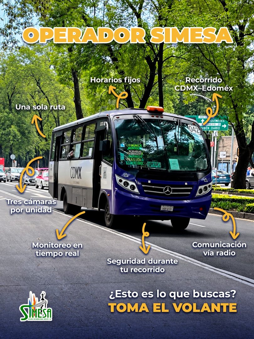 Banner del anuncio de la vacante: OPERADOR SIMESA · Horarios fijos · Recorrido · CDMX-Edoméx · Una sola ruta · ROUIMEOES · ISEOS E · 042 · *UBEN DARIO · S MUNIC · ACUMES · OX