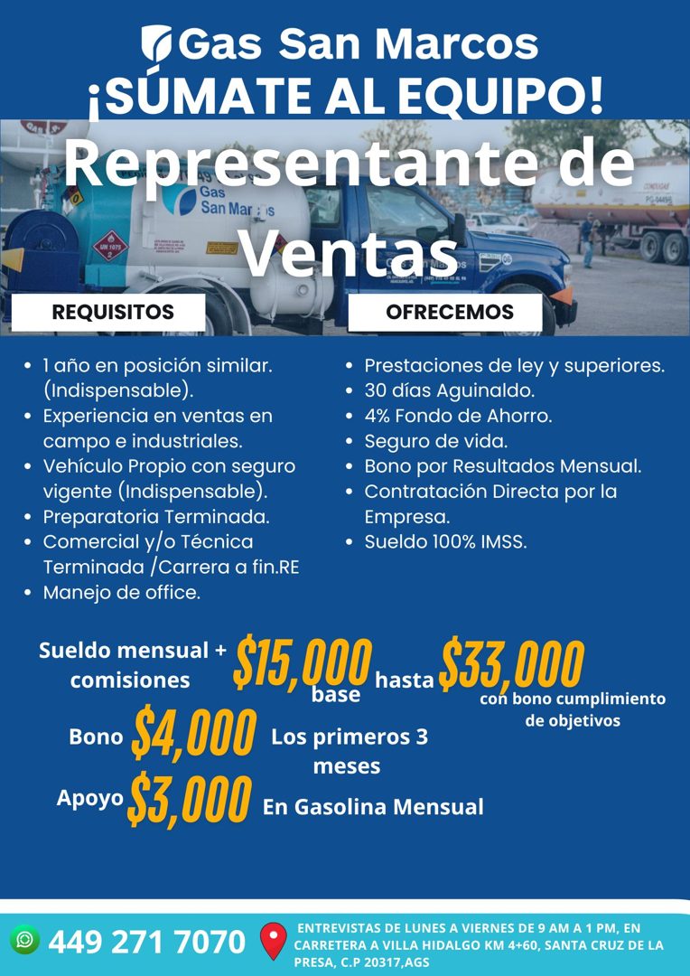 Banner del anuncio de la vacante: ‹Gas San Marcos · ¡SÚMATE AL EQUIPO! · Representante de · San Mar : is · UN 1075 · -Ventas · OFRECEMOS · • Prestaciones de ley y superiores.