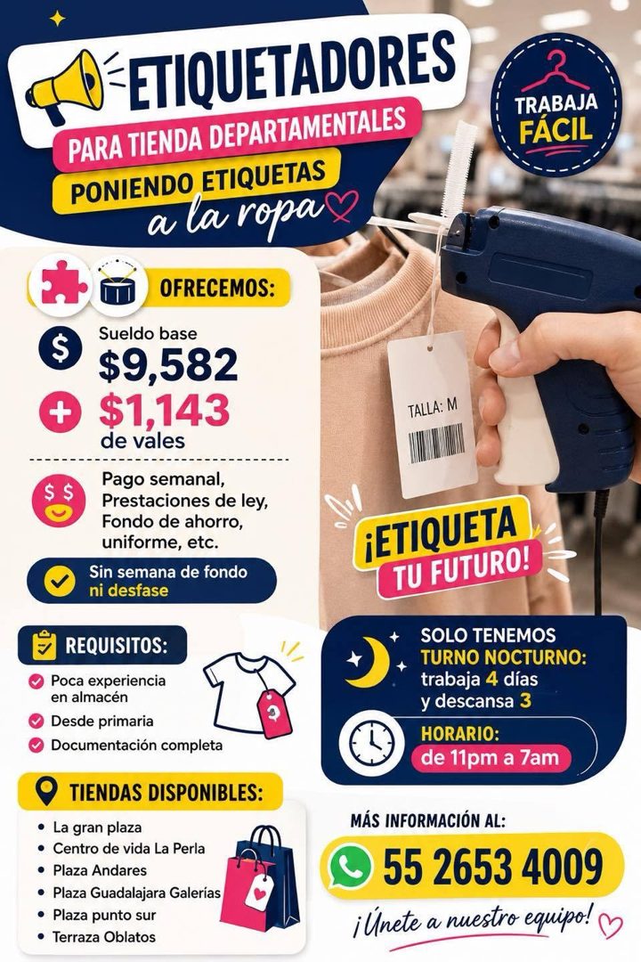 Banner del anuncio de la vacante: -ETIQUETADORES · PARA TIENDA DEPARTAMENTALES · PONIENDO ETIQUETAS · a la ropa · OFRECEMOS: · $ · + · Sueldo base · $9,582 · $1,143 · de vale