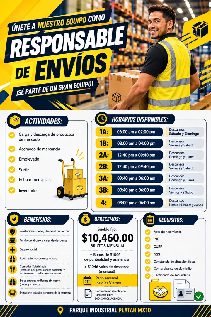 Banner del anuncio de la vacante: ÚNETE A NUESTRO EQUIPO COMO · RESPONSABLE · DE ENVÍOS · ¡SÉ PARTE DE UN GRAN EQUIPO! · ACTIVIDADES: · Carga y descarga de productos · de mer