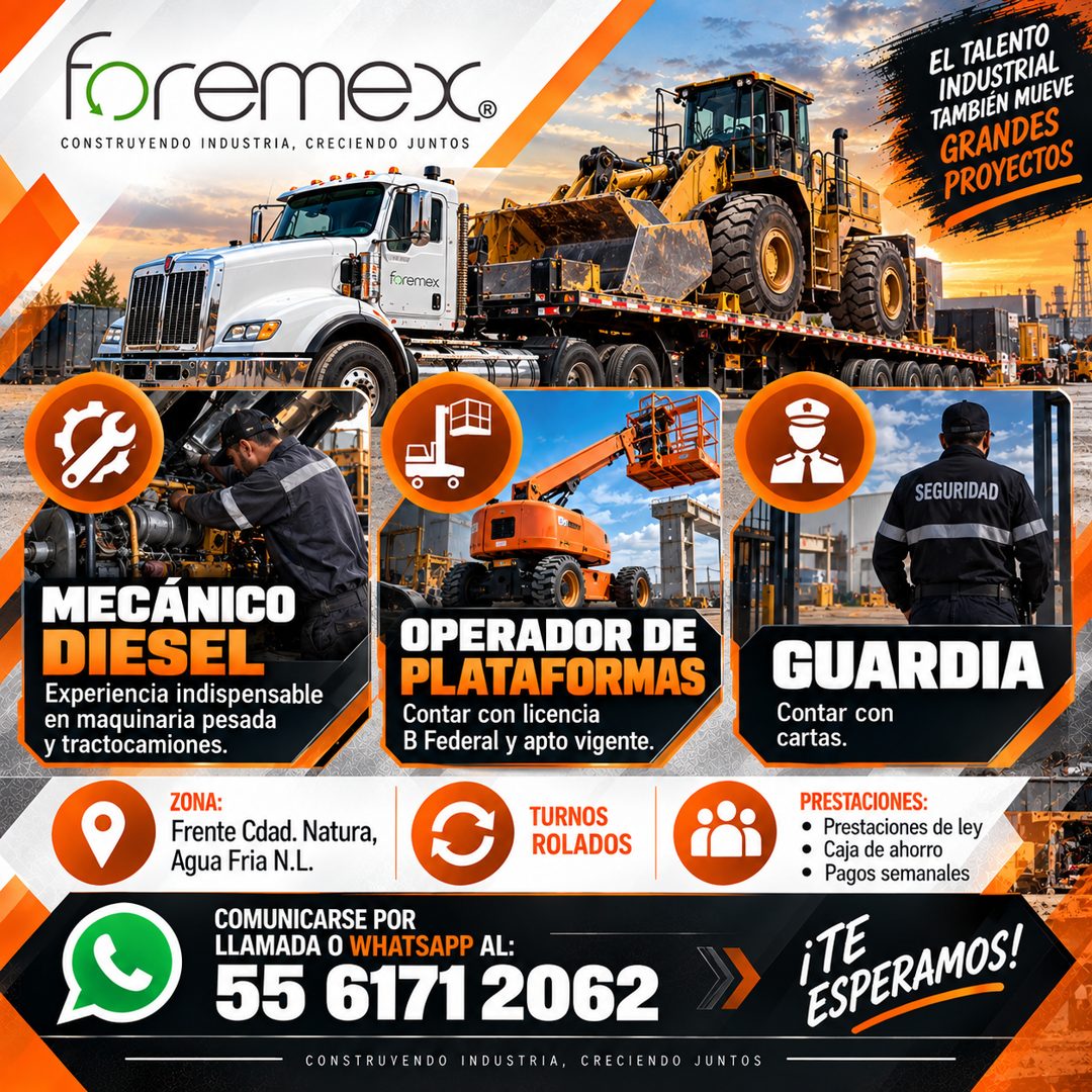Banner del anuncio de la vacante: foremex. · CONSTRUYENDO INDUSTRIA, CRECIENDO JUNTOS · EL TALENTO · INDUSTRIAL · TAMBIÉN MUEVE · GRANDES · PROYECTOS · foremex · SEGURIDAD · 