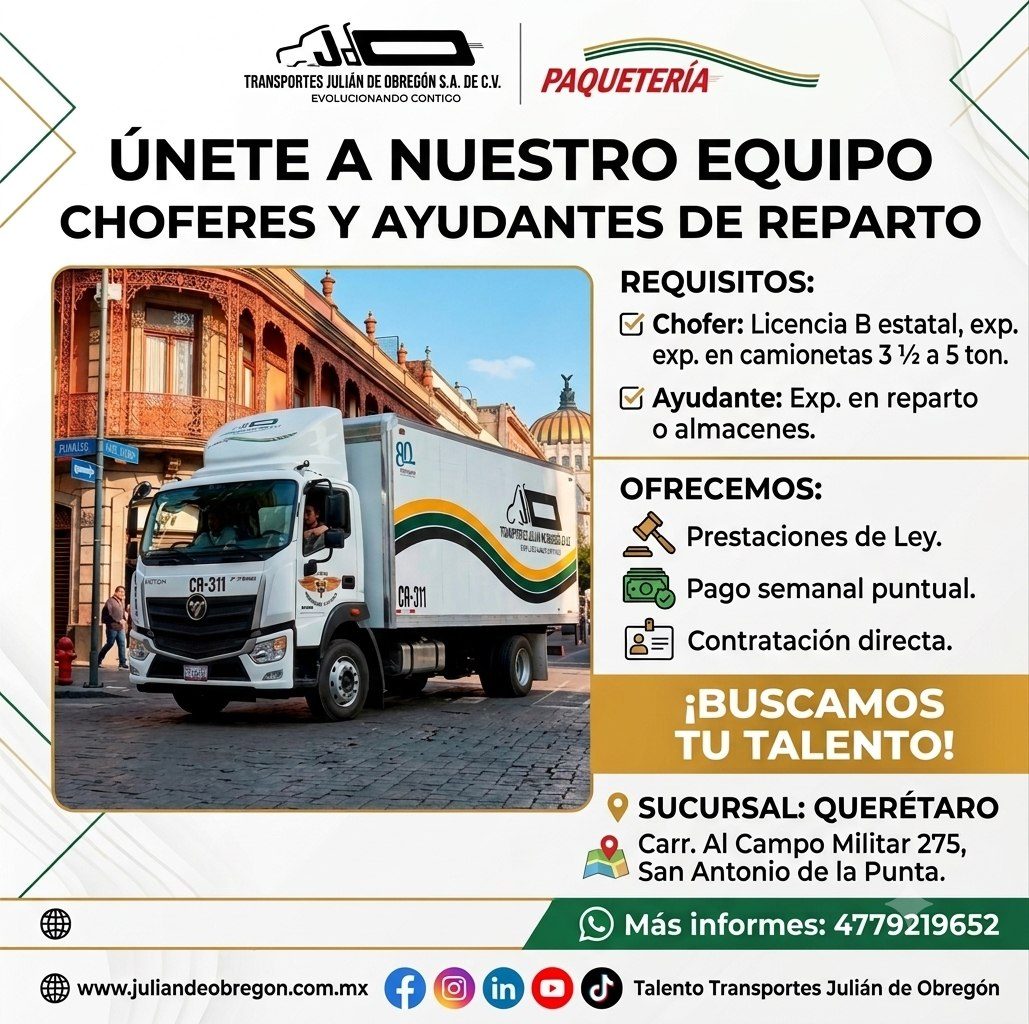 Banner del anuncio de la vacante: TRANSPORTES JULIAN DE OBREGON S.A. DE C.V. · EVOLUCIONANDO CONTICO · PAQUETERÍA · ÚNETE A NUESTRO EQUIPO · CHOFERES Y AYUDANTES DE REPARTO ·