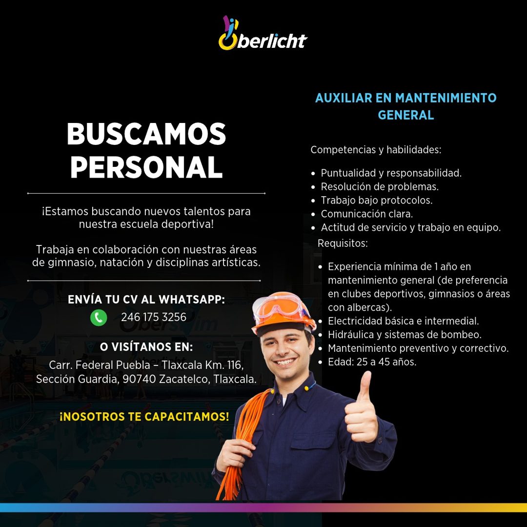 Banner del anuncio de la vacante: Uberlicht · AUXILIAR EN MANTENIMIENTO · GENERAL · BUSCAMOS · PERSONAL · ¡Estamos buscando nuevos talentos para · nuestra escuela deportiva! 