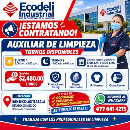 Banner del anuncio de la vacante: Ecodeli · ndustrial · LOS PROFESIONALES EN LIMPIEZA · ¡ESTAMOS · CONTRATANDO! · AUXILIAR DE LIMPIEZA · TURNOS DISPONIBLES · TURNO 1 · TURNO 