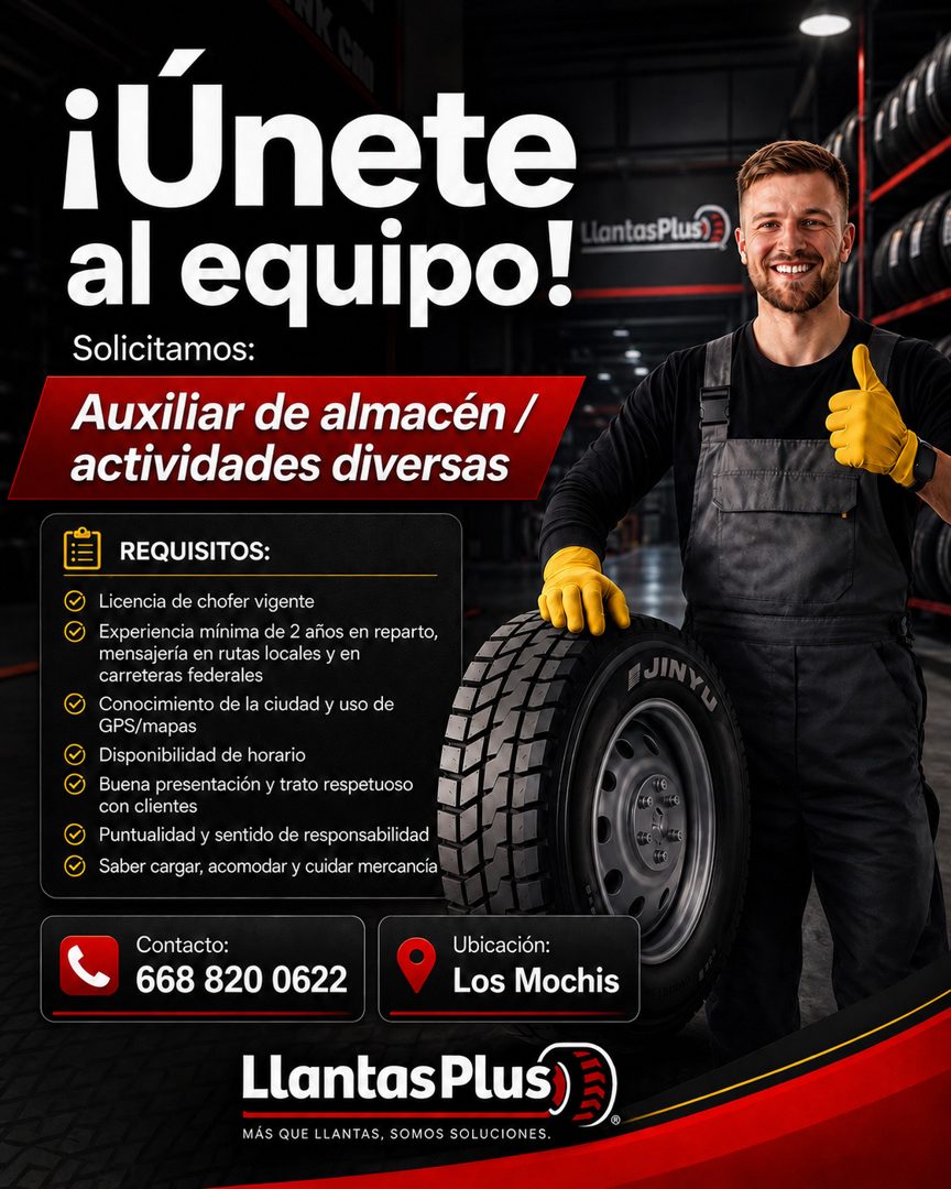 Banner del anuncio de la vacante: ¡Unete · al equipo! · Solicitamos: · Auxiliar de almacén / · actividades diversas · REQUISITOS: · Licencia de chofer vigente · Experiencia m