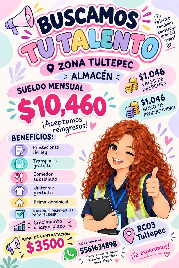 Banner del anuncio de la vacante: BUSCAMOS · іти · TUTALENTO · talento · construye · grandes · cosas! · ® ZONA TULTEPEC · SUELDO MENSUAL · = ALMACÉN = · $10,460- · ¡Aceptamos