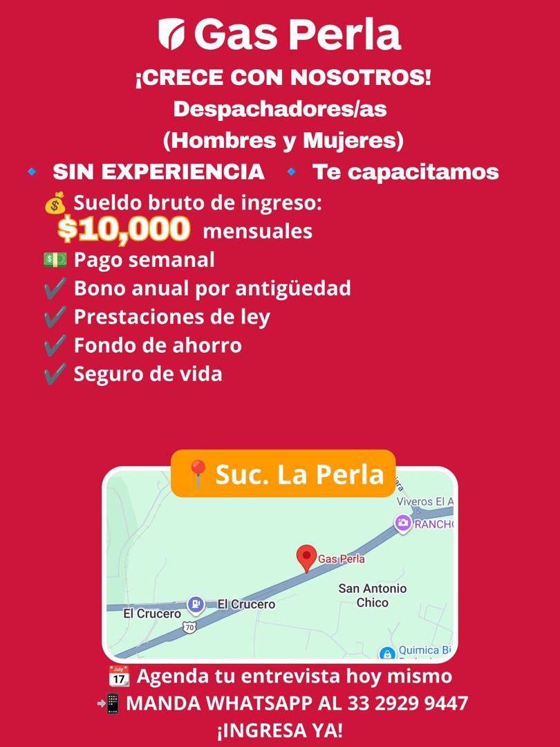 Banner del anuncio de la vacante: ‹ Gas Perla · ¡CRECE CON NOSOTROS! · Despachadores/as · (Hombres y Mujeres) · SIN EXPERIENCIA Te capacitamos · Sueldo bruto de ingreso: · $1