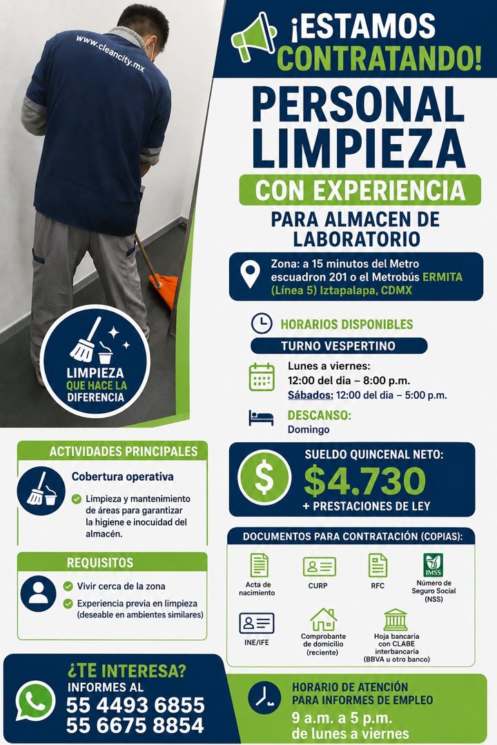 Banner del anuncio de la vacante: www.cleancity.mx · LIMPIEZA · QUE HACE LA · DIFERENCIA · ACTIVIDADES PRINCIPALES · Cobertura operativa · Limpieza y mantenimiento · de áreas