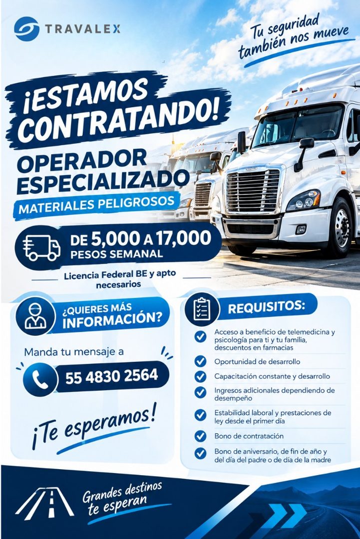 Banner del anuncio de la vacante: TRAVALEX · Tu seguridad · también nos mueve · ¡ESTAMOS · CONTRATANDO! · OPERADOR · ESPECIALIZADO · MATERIALES PELIGROSOS · DE 5,000 A 17,000