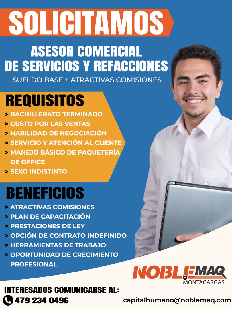 Banner del anuncio de la vacante: SOLICITAMOS · ASESOR COMERCIAL · DE SERVICIOS Y REFACCIONES · SUELDO BASE + ATRACTIVAS COMISIONES · REQUISITOS · > BACHILLERATO TERMINADO · 