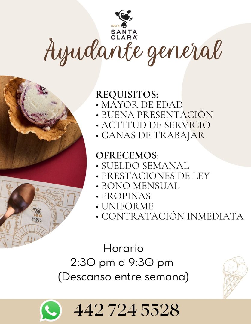Banner del anuncio de la vacante: 1924 · SANTA · CLARA · Ayudante general · REQUISITOS: · • MAYOR DE EDAD · • BUENA PRESENTACIÓN · • ACTITUD DE SERVICIO · • GANAS DE TRABAJAR