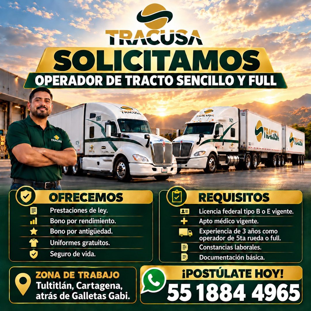 Banner del anuncio de la vacante: TRACUSA · SOLICITAMOS · OPERADOR DE TRACTO SENCILLO Y FULL · TRATUSA · 1102 · TRACUSI · OFRECEMOS · Prestaciones de ley. · Bono por rendimie