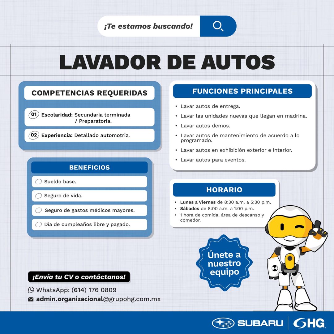 Banner del anuncio de la vacante: ¡Te estamos buscando! · LAVADOR DE AUTOS · COMPETENCIAS REQUERIDAS · 01 · Escolaridad: Secundaria terminada · / Preparatoria. · Experiencia:
