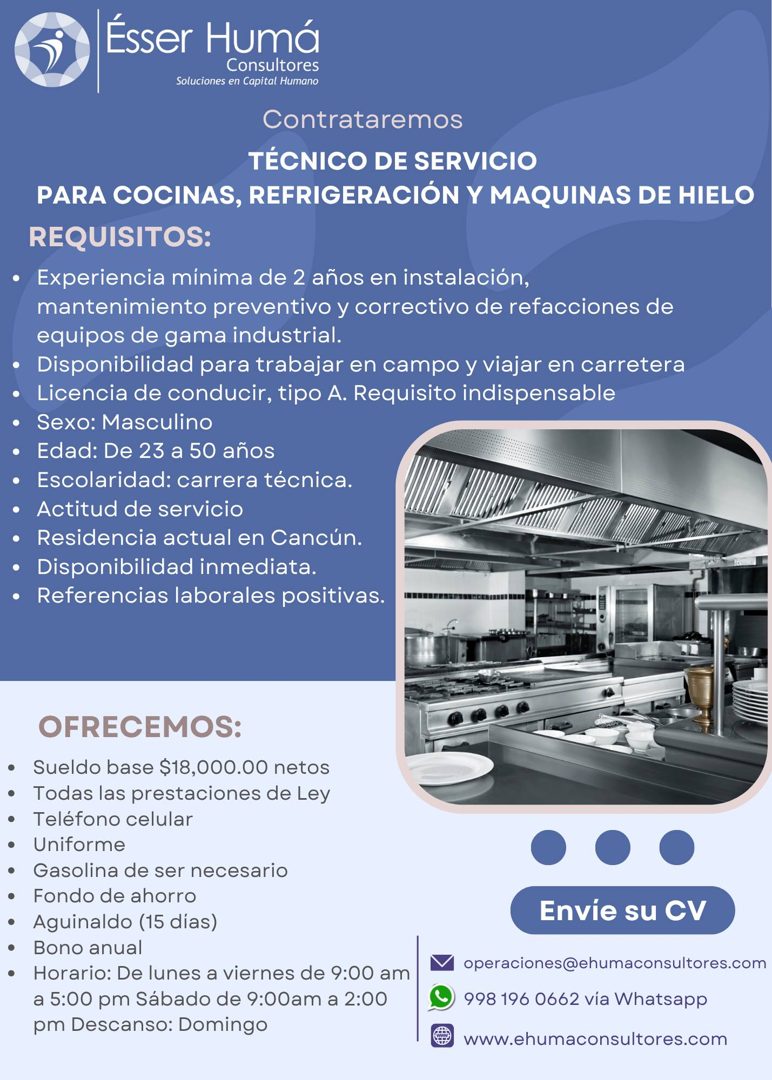 Banner del anuncio de la vacante: Ésser Humá · Consultores · Soluciones en Capital Humano · Contrataremos · TÉCNICO DE SERVICIO · PARA COCINAS, REFRIGERACIÓN Y MAQUINAS DE HI